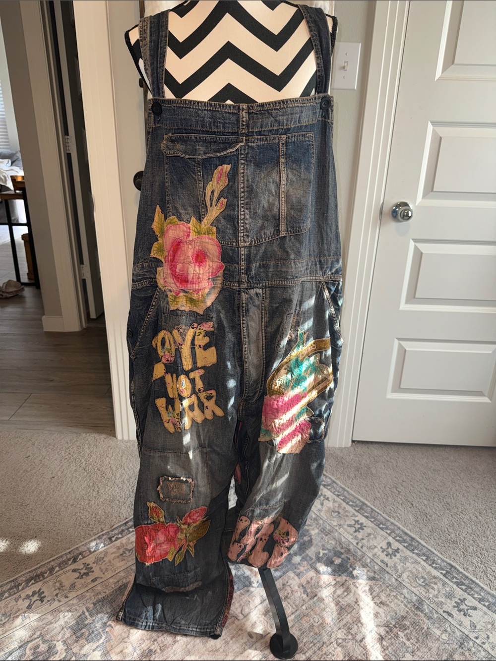 Jaded Gypsy Floral Patchwork Denim Overalls - Pink & Yellow Embroidered Design - Picture 4 of 9